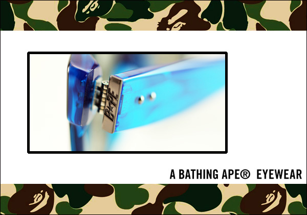 A Bathing Ape EYEWEAR 蝶番連結鏡腳部位寫著BAPE的LOGO，看得出十分注重細節